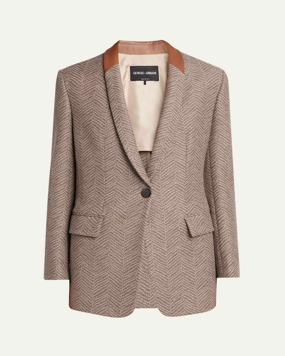 Chevron Wool Single-Breasted Blazer with Leather Trim